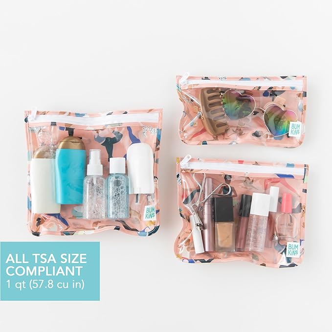 Bumkins Travel Bag, Toiletry, TSA Approved Pouch, Zip Bag, Quart Size Airline Compliant, Clear-Sided, Baby, Diaper Bag Organization, Makeup, Accessories, Carry On Packing, Set of 3 Sizes, Yoga Pals