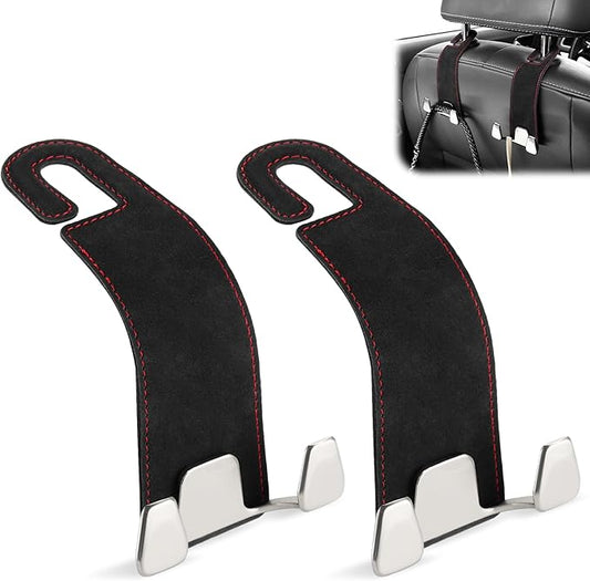 GaRhomxy Car Seat Headrest Hook, Premium Suede Double Hook 2 Pack, Universal Hanging Accessories for Purse, Bag, Groceries - Car Interior Accessories (Black)