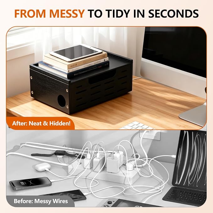 Wooden Black Cable Management Box– Large Extension Cable Organizer Box for Power Strips Floor Outlet Hider Durable Cord Hider for Home Office Under Desk,Floor TV Wires Computer Router USB Hub Cables