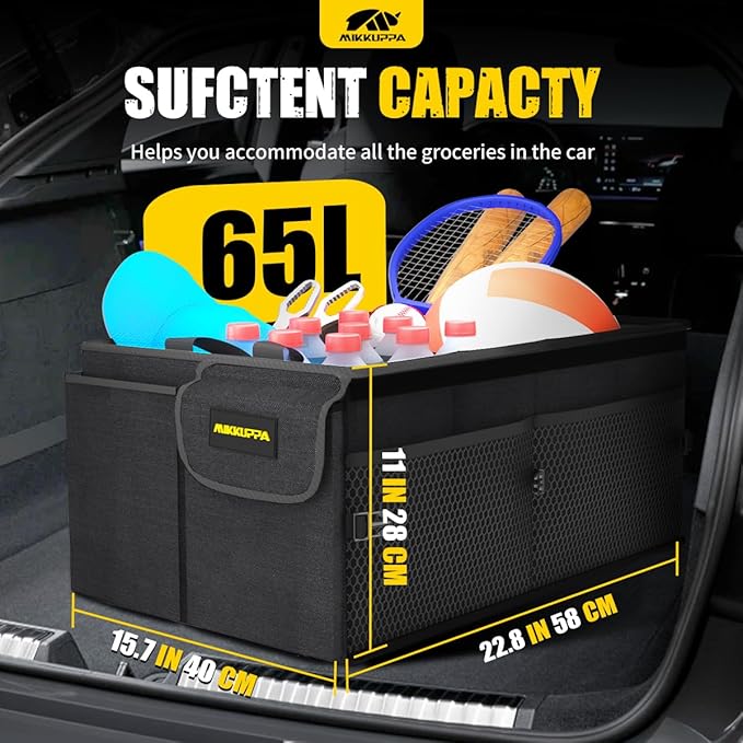 MIKKUPPA Car Trunk Organizer Set - 65L Collapsible Trunk Organizer with Lid, Registration and Insurance Holder with Magnetic Shut, 4 Pcs Car Seat Headrest Hook and Cup Holder Coaster (Black)