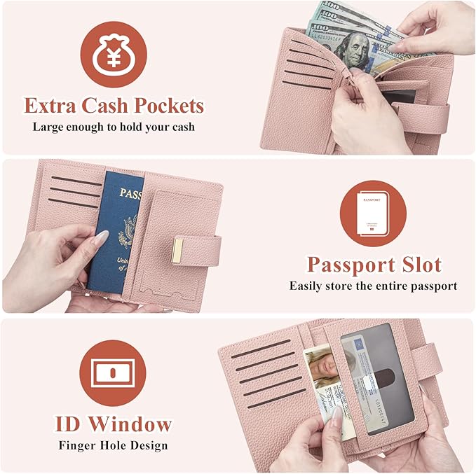 Pink Passport Holder with Airtag RFID Blocking Travel Wallet for Women, Leather Passport Wallet with Airtag Slot Slim Compact Passport Cover with Zipper Coin Pocket, Holder Card, SIM, Cash