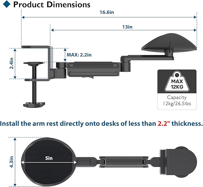BONTEC Adjustable Arm Rest for Desk, Ergonomic Elbow Rest Pad, 360° Rotating & Extendable Desk Arm Support, Durable Aluminum, Keyboard & Computer Arm Rest Pad, Office & Gaming Desk Accessories