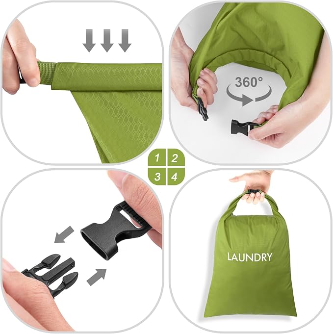 2 Pack Waterproof Travel Laundry Bag Set, Roll-Top Wet Dry Bag for Odor Control & Separating Dirty Clothes, Packable Space Saver Organizer for Gym, Swimming & Cruise Suitcases