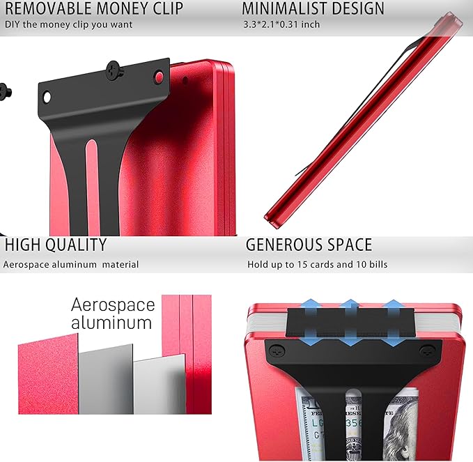Slim Wallet for Men,RFID Blocking Minimalist Metal Wallet, Money Clip/Cash Holder, Front Pocket Aluminum Credit Card Holder, Ideal Gift for Men-Matte Red