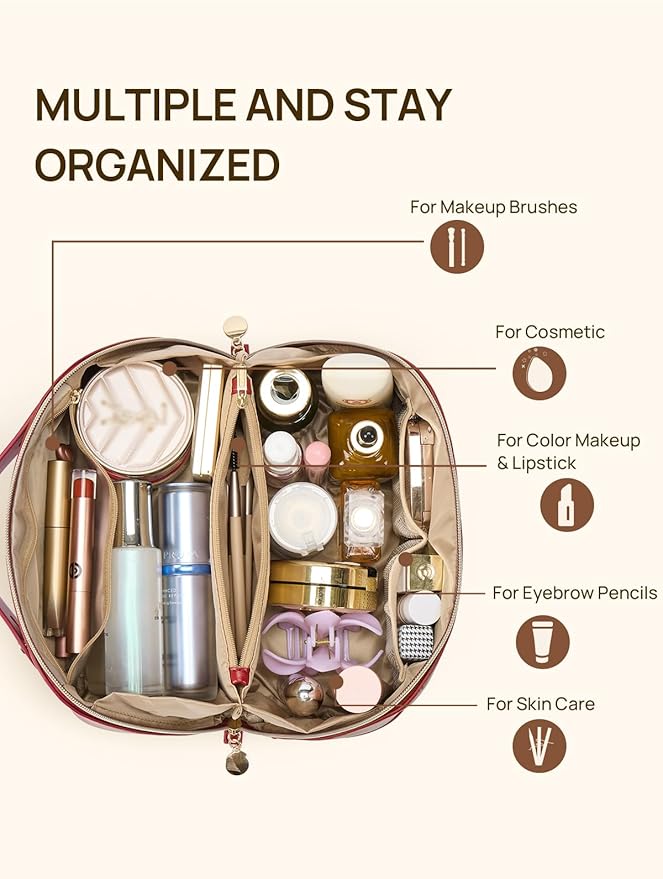 Telena Leather Make Up Bag Portable Travel Makeup Bag Waterproof Cosmetic Bags for Women Large Capacity With Handle and Divider Open Lay Flat