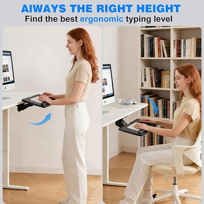 Keyboard Tray Under Desk, Adjustable Ergonomic Keyboard & Mouse Tray, Adjustable for Height and Tilt,Computer Keyboard & Mouse Platform Tray,25"W x 9.8"D Surface