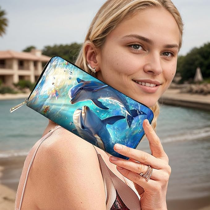 RFID Blocking Leather Wallet for Women – Large Capacity Zip Around Clutch with 8 Card Slots,27 Cash Pockets & Coin Zipper,Dolphin