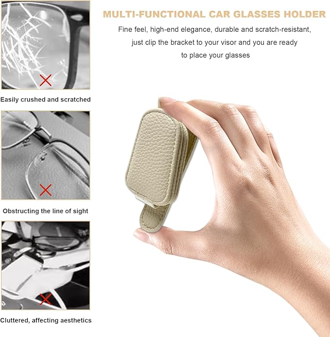 2 PCS Sunglasses Holders for Car Visor, Magnetic Leather Eyeglasses Hanger Mounter Ticket Card Clip, Auto Sun Visor Glasses Holder Business Card Organizer for Men Women (Beige)