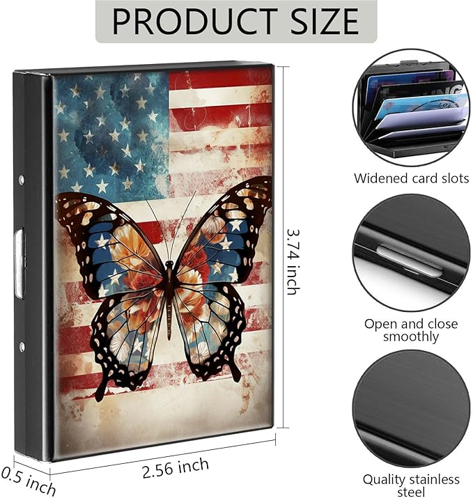 Credit Card Holder, American Flag Butterfly Design Mini RFID Blocking Aluminum Wallet Slim Metal Hard Case Shell Travel Wallet ID Case Small Credit Cards Case Business Cards for Women Men
