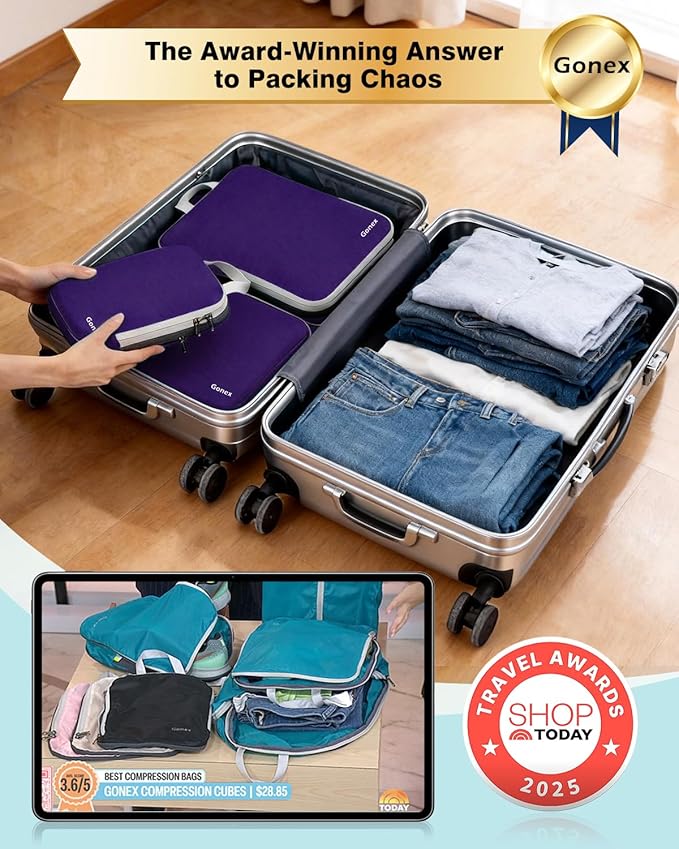 Gonex Compression Packing Cubes, 4pcs Expandable Storage Travel Luggage Bags Organizers (Purple)