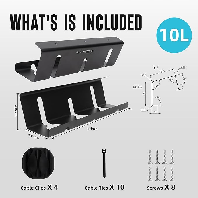Under Desk Cable Management Tray, Large Metal Cable Organizer for Easy Access, Home Office Screw Mount Desk Cord Organizer and Accessories Storage Rack Shelf, Computer Power Strip Holder, Black 2 Set