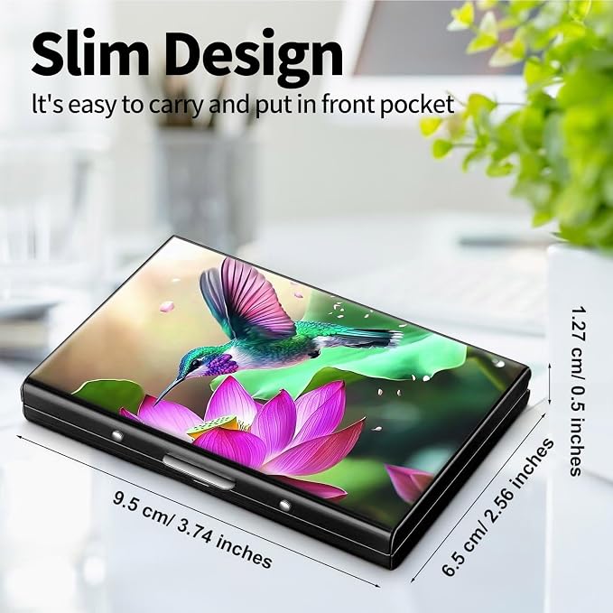 Metal Wallet, Credit Card Holder for Women Men Girls, RFID Blocking Aluminum Wallet Slim Hard Case, Mini Travel Wallet, ID Card Holder Business Card Case,Hummingbird Lotus