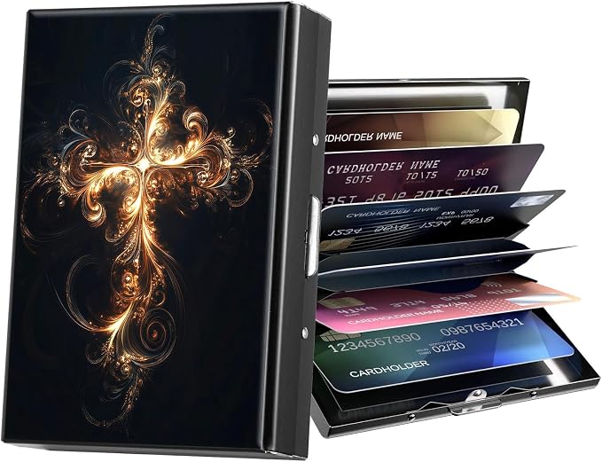 Metal Wallet,Credit Card Holder for Women Men,RFID Blocking Card Holder Mini Slim Aluminum Wallet ID Case Hard Case Business Card Holder Case,Golden Cross Black