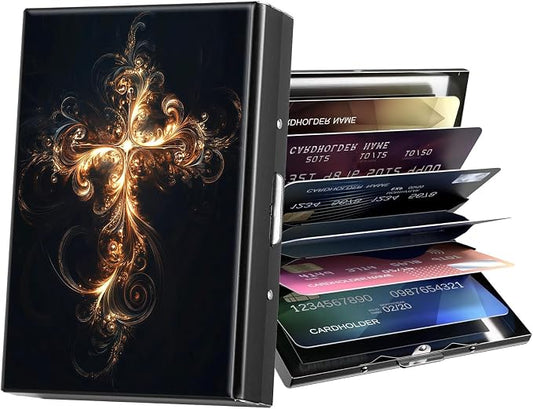 Metal Wallet,Credit Card Holder for Women Men,RFID Blocking Card Holder Mini Slim Aluminum Wallet ID Case Hard Case Business Card Holder Case,Golden Cross Black
