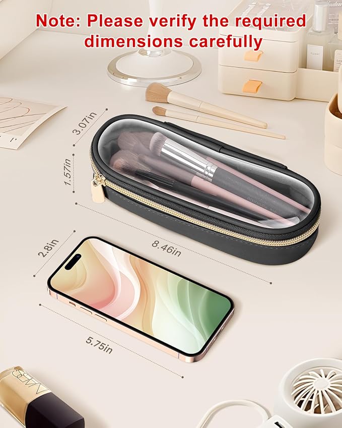Soimeat Clear Travel Makeup Brush Holder, Leather Makeup Brush Toiletry Bag, Portable Cosmetic Brush Case, Transparent Waterproof Makeup Brush Storage Bag, Black, Large