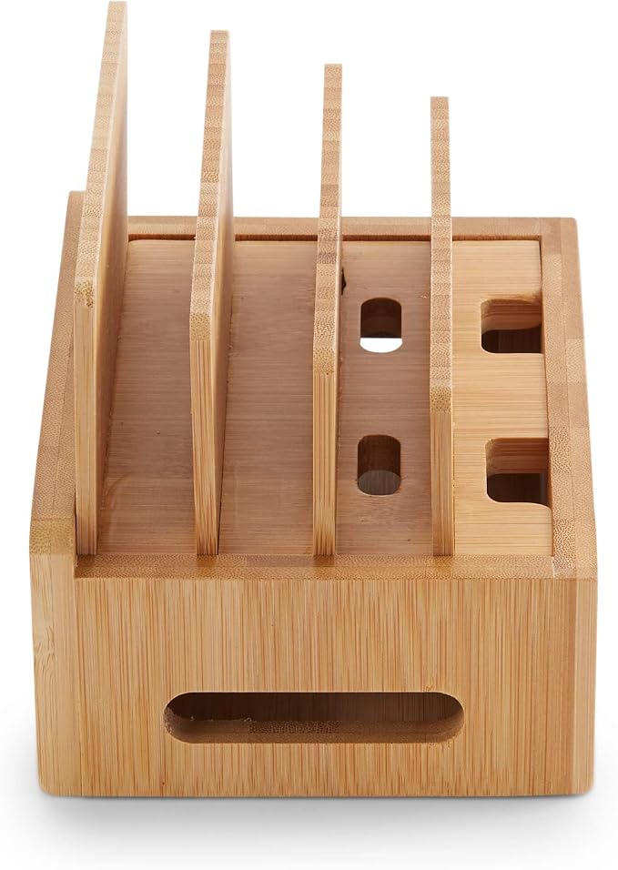 Bookaholic Bamboo Multi-Device Charging Station & Organizer - Rustic Elegant Desktop Dock for Smartphones, iPhone, iPad & Tablets - USB Compatible - Eco-Friendly