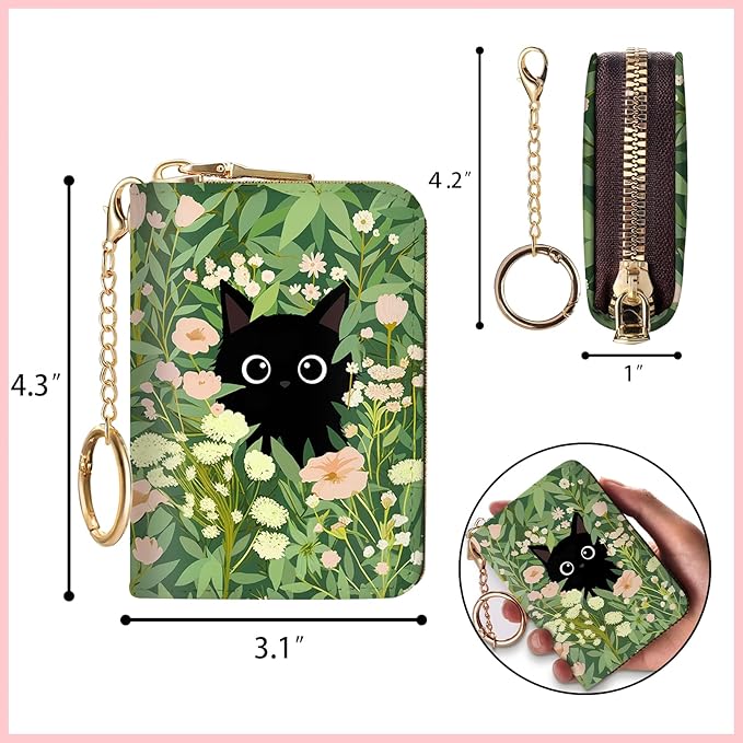 Blusabaca Women's Black Cat Floral RFID Wallet, Waterproof, Leather, 12 Card Slots, 2 Pockets for Coins, 2.5 in x 3.5 in