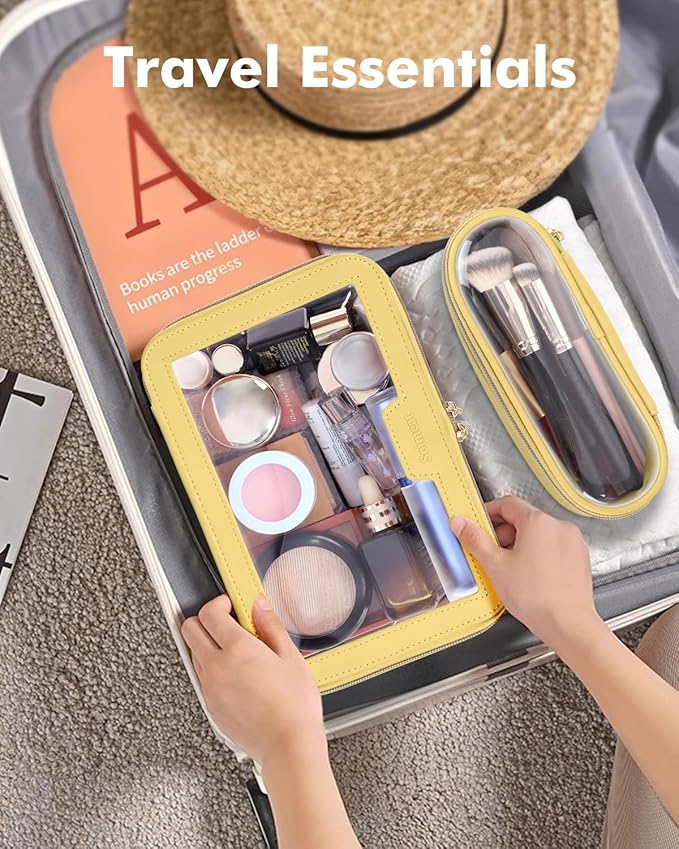 Soimeat Travel Clear Makeup Bag with Makeup Brush Bag, Leather Makeup Case Toiletry Bag, Portable Cosmetic Bag Case, Transparent Waterproof Cosmetic Organizer Storage Bag for Women, Yellow