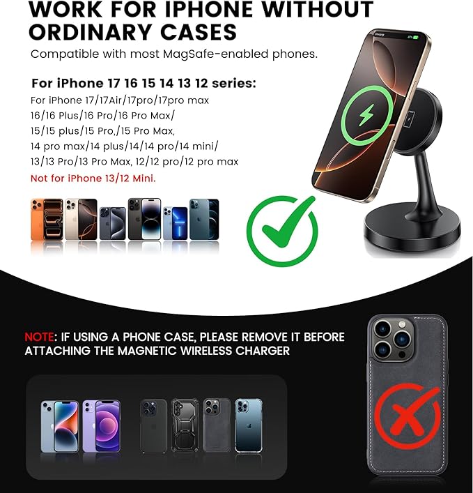 Magnetic Wireless Charger iPhone Stand 15W Fast Mag-Safe Charger for iPhone 17/17 Pro/17 Air/17 Pro Max 16/15/14/13/12 Series Apple Magnet Wireless Charging Station/Pad for AirPods