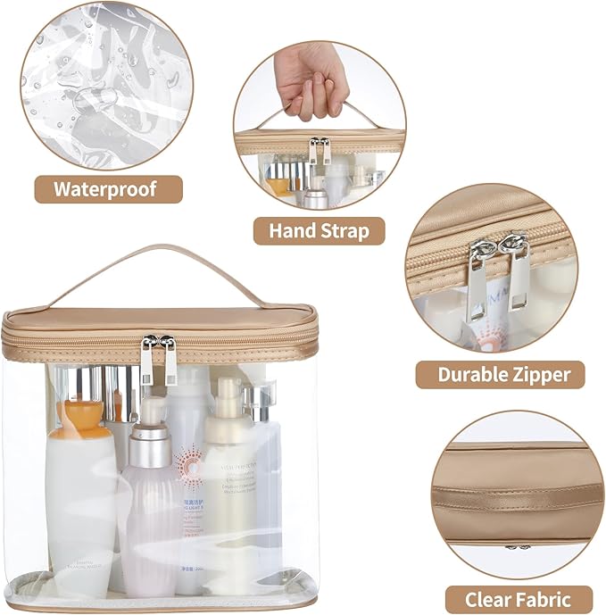HAOGUAGUA Heavy Duty Leak Proof Clear Travel Bags for Toiletries, Transparent Makeup Cosmetic Bag with Zipper and Handle (1PCS GOLD, Large)