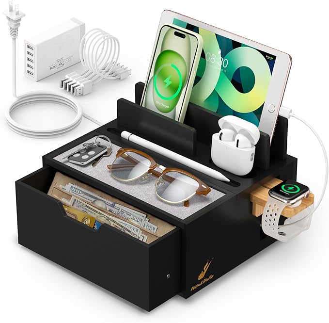 Pezin & Hulin Bamboo Charging Station for Multi Device, with Power Charger & Cables, Nightstand Docking Station with Lined Tray & Drawer, Compatible with Tablet, Cell Phones-Black