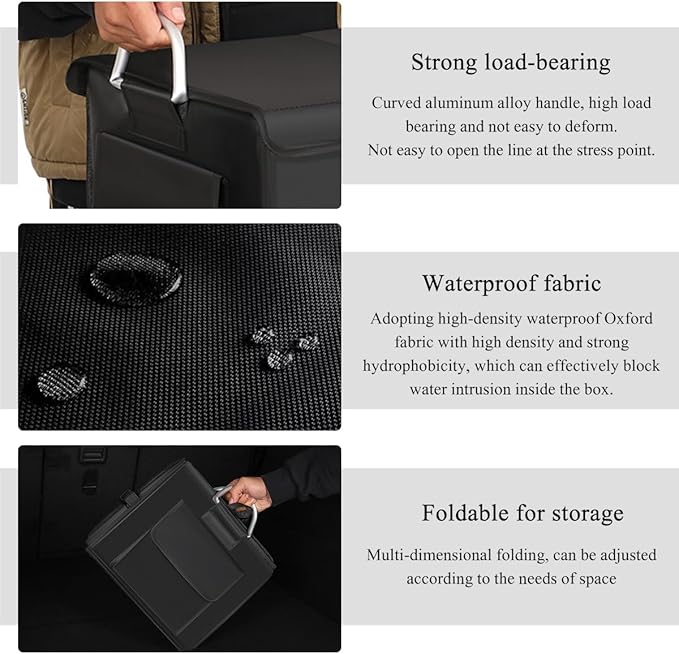 Trunk Organizer With Lid, Collapsible Waterproof Oxford Car Organizer with Aluminum Handle Base Plate, 2-Compartment 28L Sturdy Trunk Cargo Storage Organizer for RV SUV Truck (Black)