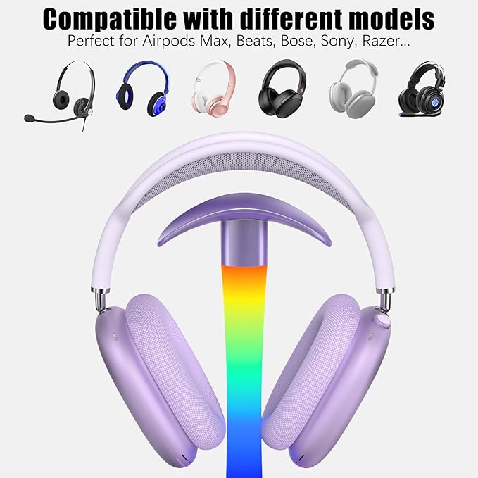 Headphone Stand with Wireless Charger,Gaming Headset stand with RGB Light,For Airpod Max Stand Compatible with Airpod Pro/3/2,For iPhone 17/16/15/14/13/12/11,Gifts for Gamers & Music Lover (Purple)