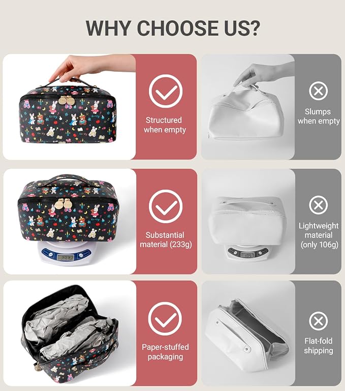 Aveniee Travel Makeup Bag for Women, Large Cosmetic Organizer with Open-Flat Design, Clear Divider & Handle - Waterproof PU Leather Toiletry Case (BunnyPattern)