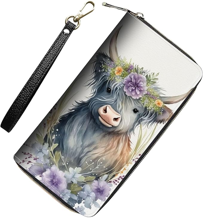 Womens Wallet,RFID Blocking Large Capacity Clutch,Zip Around Leather Purse with 8 Card Slots,Bill Compartments Coin Pocket - Flowers Cow