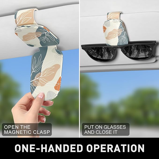 Sunglasses Holder for Car Visor, Magnetic Leather Car Sunglass Holder, Car Sun Visor Glasses Hanger Clip, Car Interior Accessories for Women Men, Fits All Size Eyeglasses