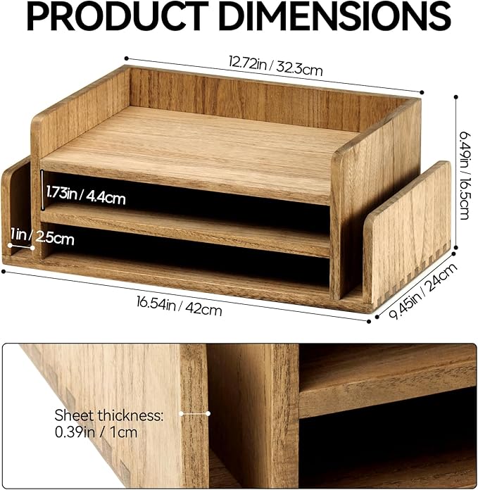 KIRIGEN Wood Desk Organizer 5 Trays, 3-Tier Desktop Document Letter Tray with Side Slots, Fully Assembled Mail Sorter and File Folder Holder for Home Office, Brown 2TP-DBR