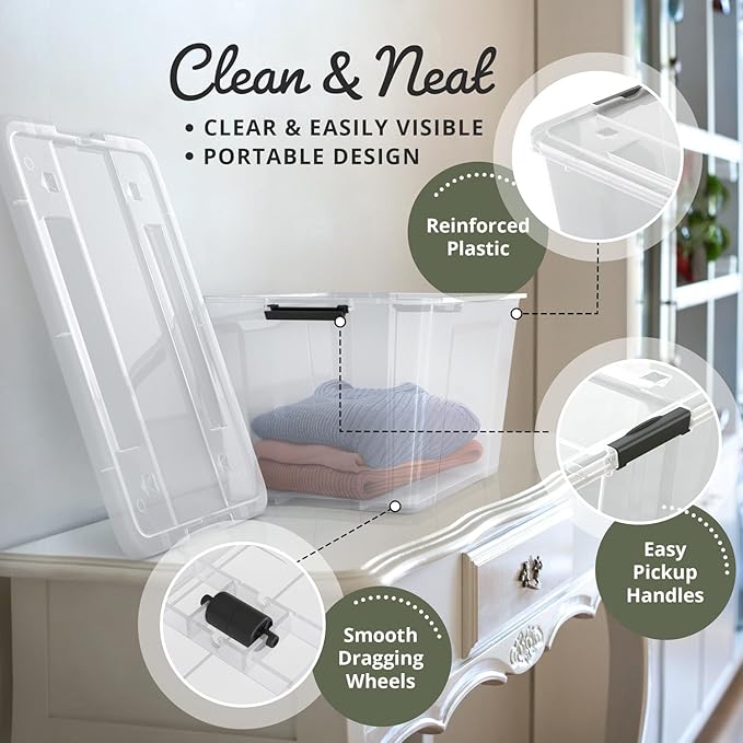 Lifetime Appliance Parts 6 PACK 54 Qt. Plastic Storage Bin Tote Organizing Container with Ultra Durable Lid & Secure Latching Buckles Stackable Extra Strength Clear w/Black Handle