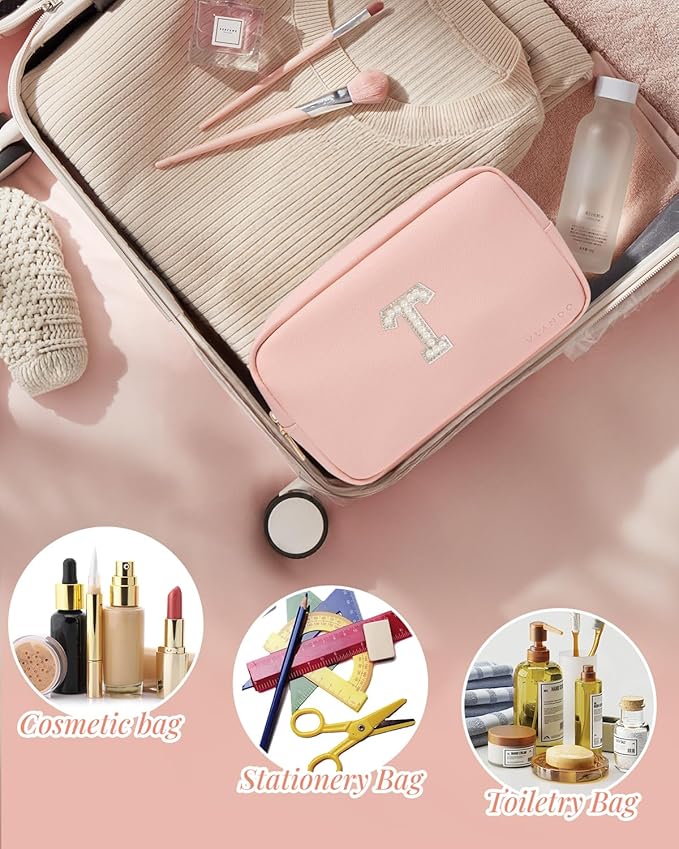 VLANDO Teacher Appreciation Gifts Personalized Birthday Gifts Makeup Kit Teen Girls Gifts Preppy Makeup Bag Small Cosmetic Bag Travel Graduation Gifts for Women T
