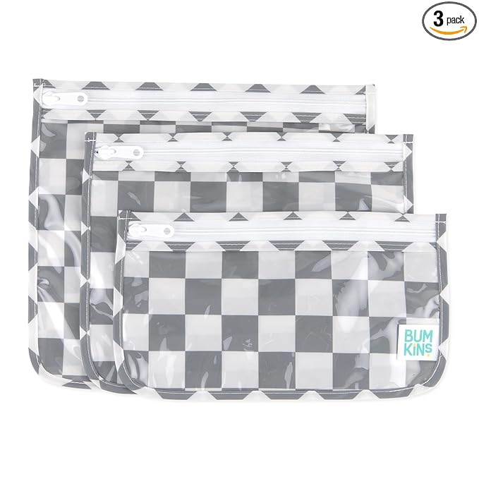Bumkins Travel Bag, Toiletry, TSA Approved Pouch, Zip Bag, Quart Size Airline Compliant, Clear-Sided, Baby, Diaper Bag Organization, Makeup, Accessories, Packing, Set of 3 Sizes, Gray Check