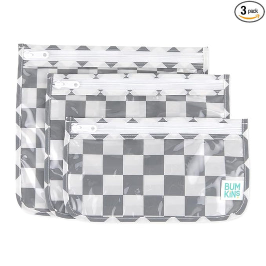 Bumkins Travel Bag, Toiletry, TSA Approved Pouch, Zip Bag, Quart Size Airline Compliant, Clear-Sided, Baby, Diaper Bag Organization, Makeup, Accessories, Packing, Set of 3 Sizes, Gray Check