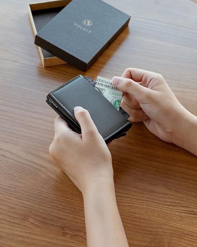 VULKIT Credit Card Holder RFID Blocking Leather Automatic Pop Up Wallet Aluminum Pocket Business Card Case