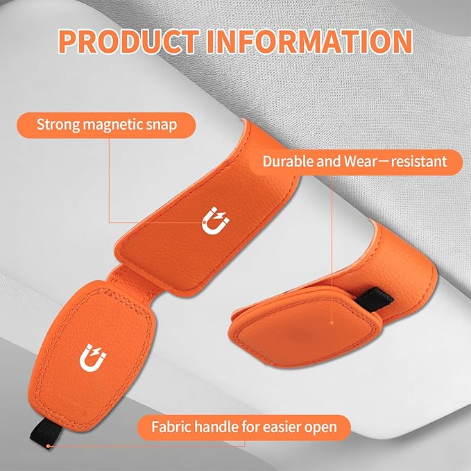 Visor Sunglasses Holder Clip for Car, Magnetic Leather Clip for Car Visor, Universal Glasses Organizer 2 Pack, Orange