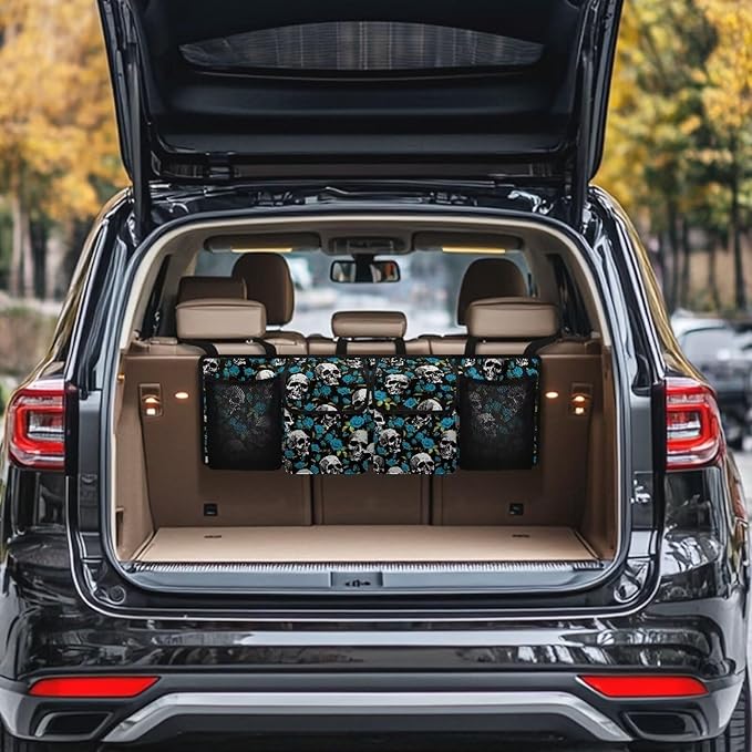 Skull Flower Car Trunk Organizer, 4 Compartment, Waterproof, Hanging, SUV, Sedan, Van, Truck, Bold and Floral