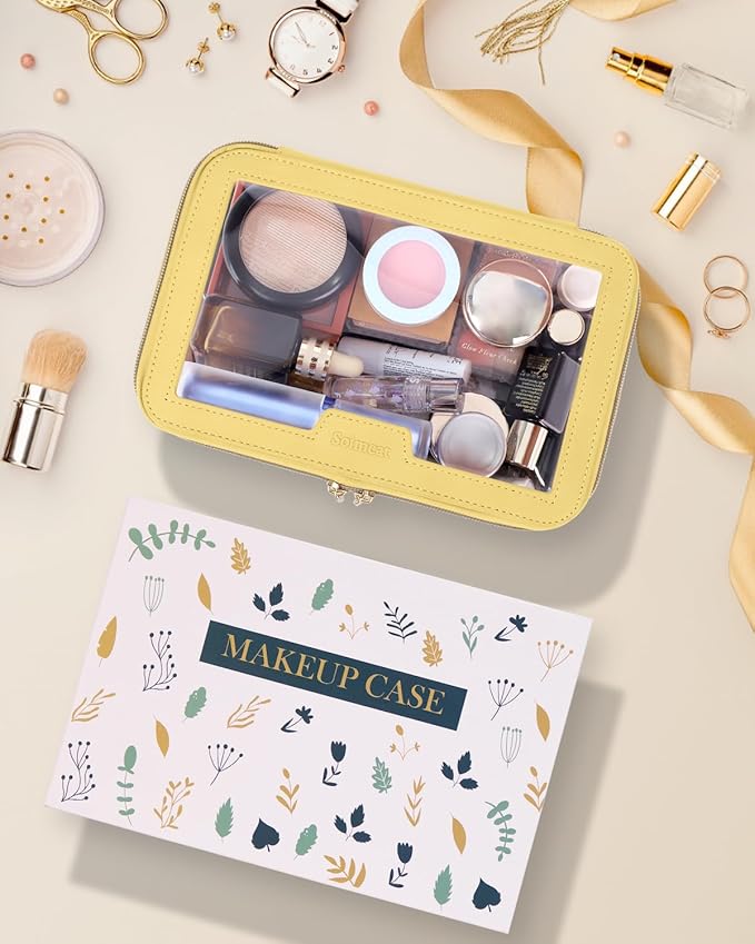Soimeat Travel Clear Makeup Bag with Makeup Brush Bag, Leather Makeup Case Toiletry Bag, Portable Cosmetic Bag Case, Transparent Waterproof Cosmetic Organizer Storage Bag for Women, Yellow