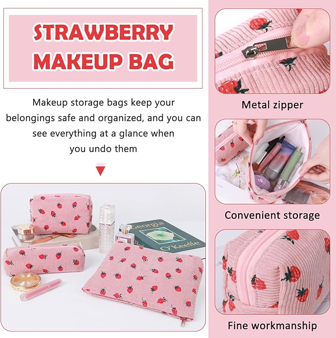 3 Pcs Makeup Bag Cosmetic Bag Set for Girls Women Travel Organizer Bathroom Toiletry Pouch Large Capacity Storage Bag (Strawberry Pink)