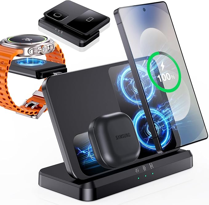 EGV Wireless Charger for Samsung – 3 in 1 Wireless Charging Station for Galaxy S26 Ultra S25 S24, Z Fold Flip 7/6, Detachable Watch Charger for Galaxy Ultra 8/7/6, Foldable, Fast Charging, No Adapter