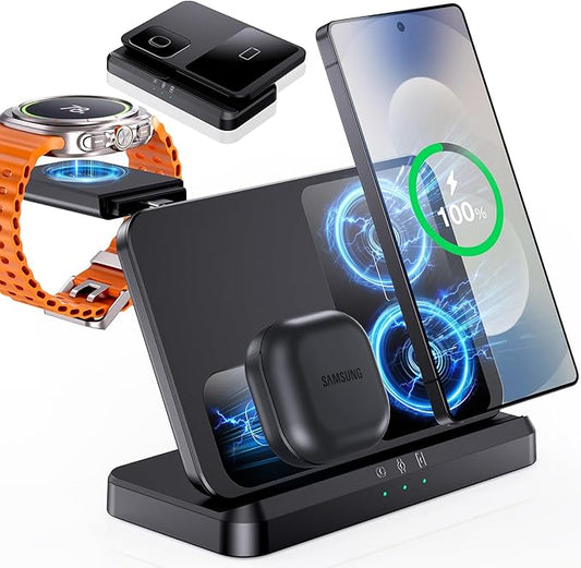 EGV Wireless Charger for Samsung – 3 in 1 Wireless Charging Station for Galaxy S26 Ultra S25 S24, Z Fold Flip 7/6, Detachable Watch Charger for Galaxy Ultra 8/7/6, Foldable, Fast Charging, No Adapter