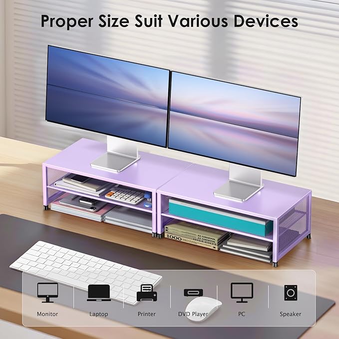 ECOLOVI 2-Tier Computer Monitor Stand Riser, Desk Organizer for Monitor, Printer & Laptop Stand, Desktop Workspace Organizers for Office Supplies(Purple)