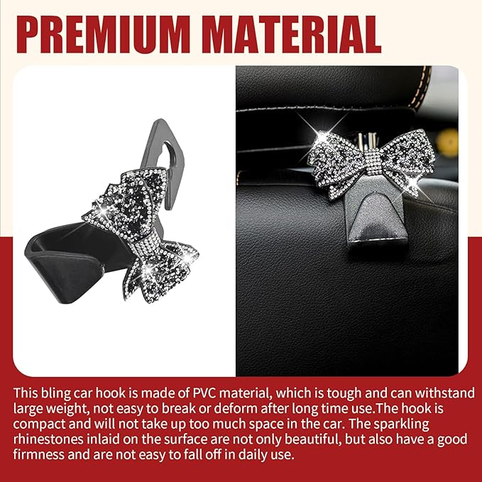 2 PCS Bling Bow Car Headrest Hook, S Type PVC Seat Back Hanger for Purses Bags Grocery, Sparkling Rhinestone Car Seat Hook Storage Decor, Universal for Most Vehicles (Black)