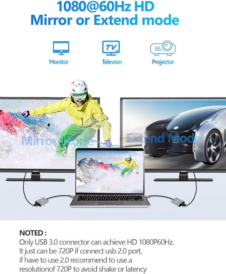 USB to HDMI Adapter for Monitor 1080P@60Hz Display with 5Gbps High Speed Transmission, Support Extend & Mirror Mode, Compatible with Window 7/10/11, Mac OS 10.15+, Laptop, Desktop, TV, Monitor, Silver