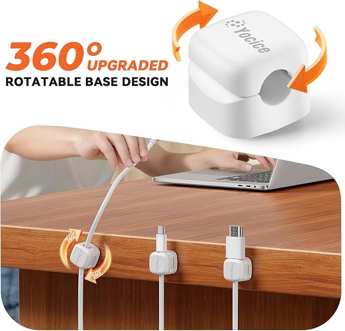 6Pack Rotatable Cord Organizer,Spring Cable Clips Desk Cable Management Cord Holder Adhesive Phone Charger Cord Clips for Home Office Car Wall Nightstand Accessories, White