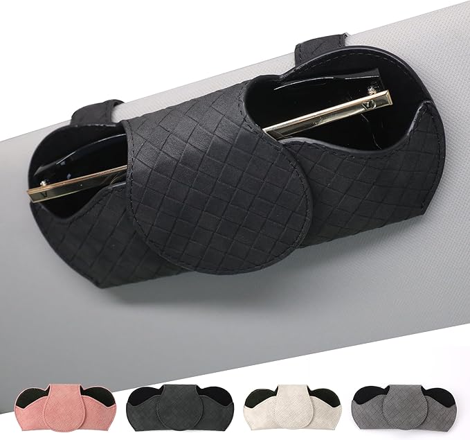 KINIVA Sunglasses Holder for Car Visor PU Leather Glasses Case with Clips for Car Visor Automotive Interior Visor Accessories Apply to All Car Models (Black)