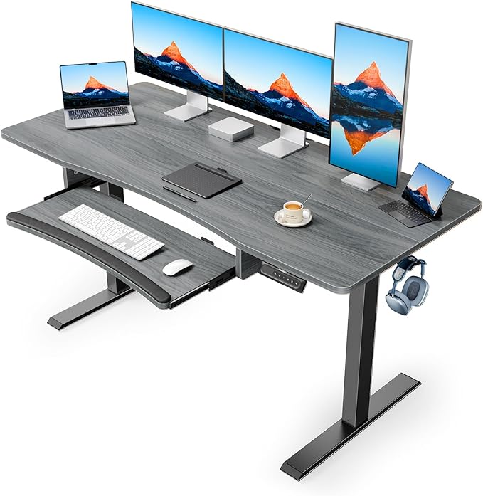 HUANUO Standing Desk Adjustable Height, 55" x 24" Electric Stand Up Desk for Home Office with Large Keyboard Tray(26.7"), 4 Memory Height Setting, Computer Workstation, Grey