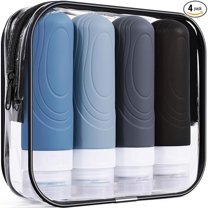GLAMFIELDS Travel Bottles for Toiletries,TSA Approved 3oz size Leak Proof Silicone Containers for Shampoo, Conditioner,Easy to Squeeze and Portable, Essentials for Traveling (4 Pack) Black