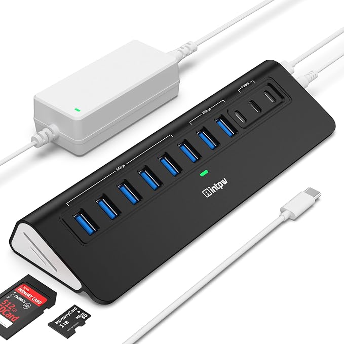 Powered USB Hub 10Gbps, Intpw YH9AC Plus 13-Port USB 3.2 Hub(USB A/USB C 3.2+6 USB-A 3.0+2 PD 45W Fast Charging Ports+SD/TF Card Reader), 65W Power Adapter,Aluminum USB HUB for PC,Laptop,iPhone 17/16